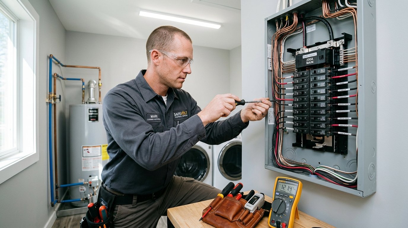 Licensed electrician installing and upgrading a 200-amp electrical breaker panel in Spokane