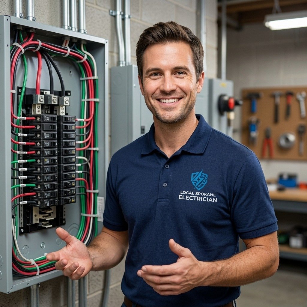 Licensed Spokane Electrician Next to Modern Circuit Breaker Panel